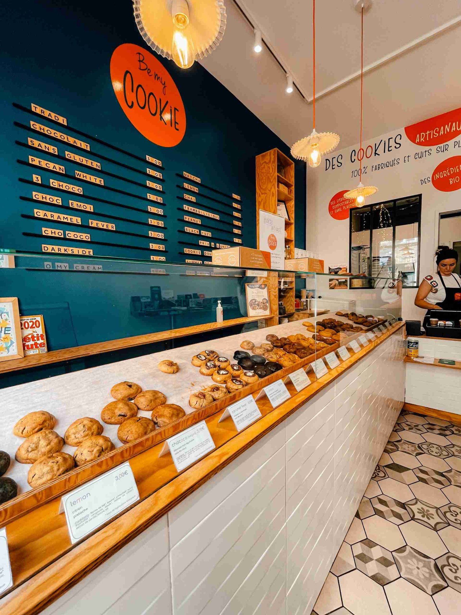 Inside the Be my Cookie shop with a row of cookies on display