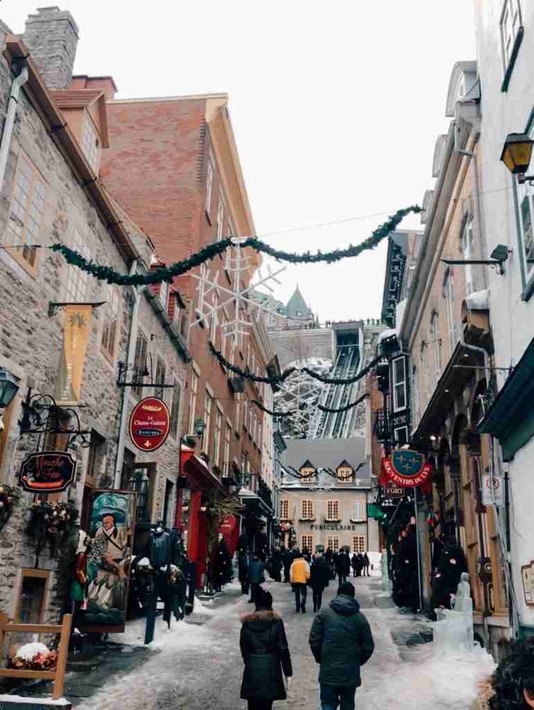 The streets of Old Quebec city decorated with garland and other holiday decorations