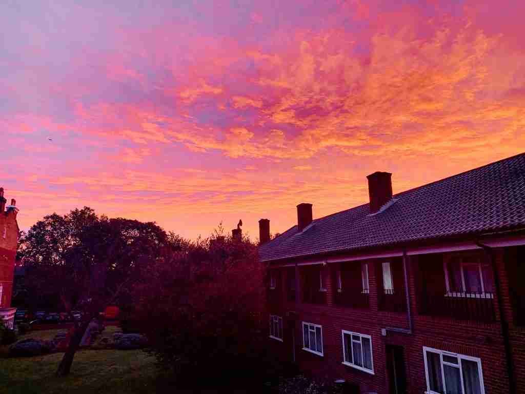 looking out a window at a sunrise in South London