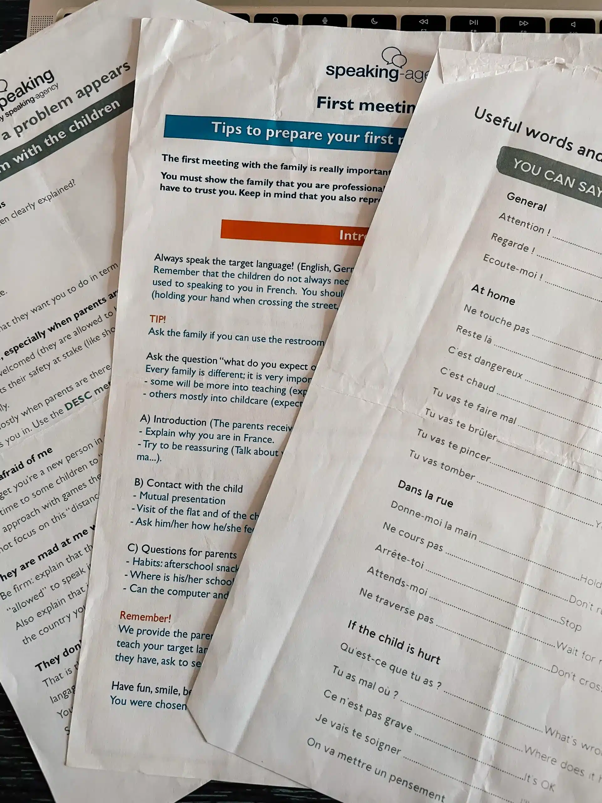 a photo of some of the documents that are provided by Momji to support their English speaking nannies 