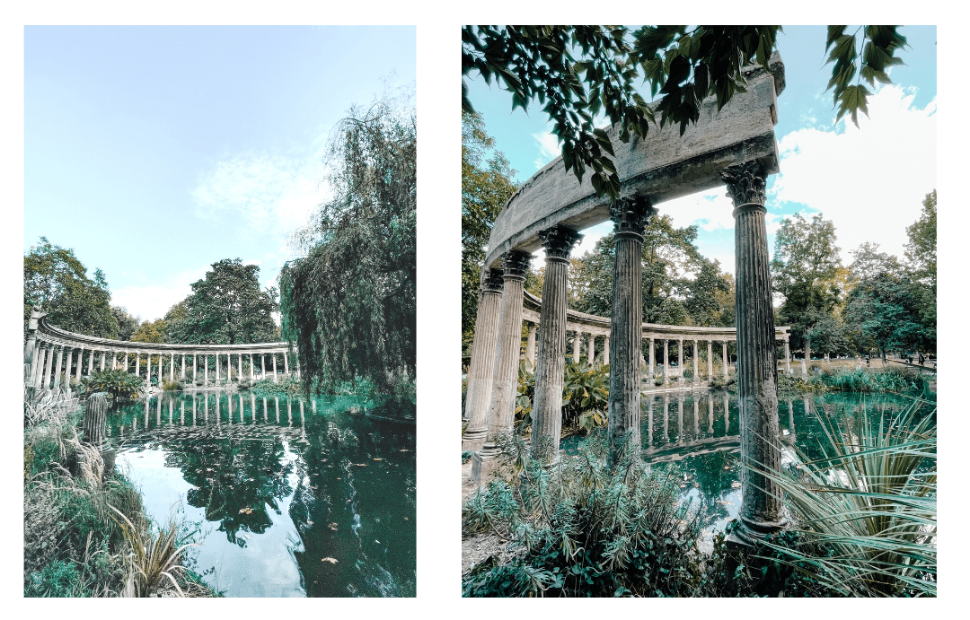 the beautiful greek architecture in Parc Monceau in Paris on a cloudless day