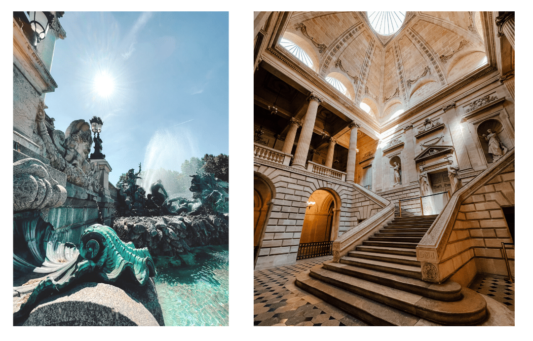 The inside of the Grand Theatre in Bordeaux and the gorgeous fountain in Place de Quinconces