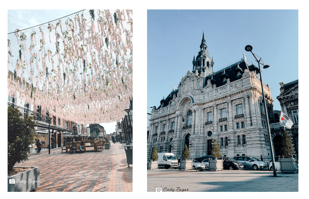 2 popular spots in the Roubaix Centre. 1) the beautifully intricate and detailed town hall building and 2) flowers hanging over a pedestrian street in the McArthur Glen shopping centre.