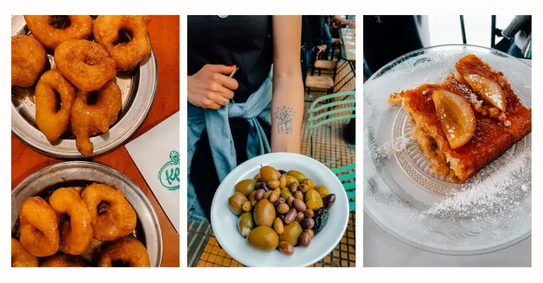A collection of authentic greek foods including greek doughnuts, olives and orange cake.