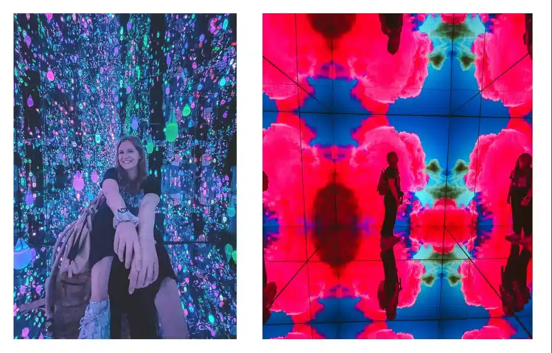 A collage of photos of a girl at the happiness expo in Brussels. She is surrounded by lights and vibrant colours 
