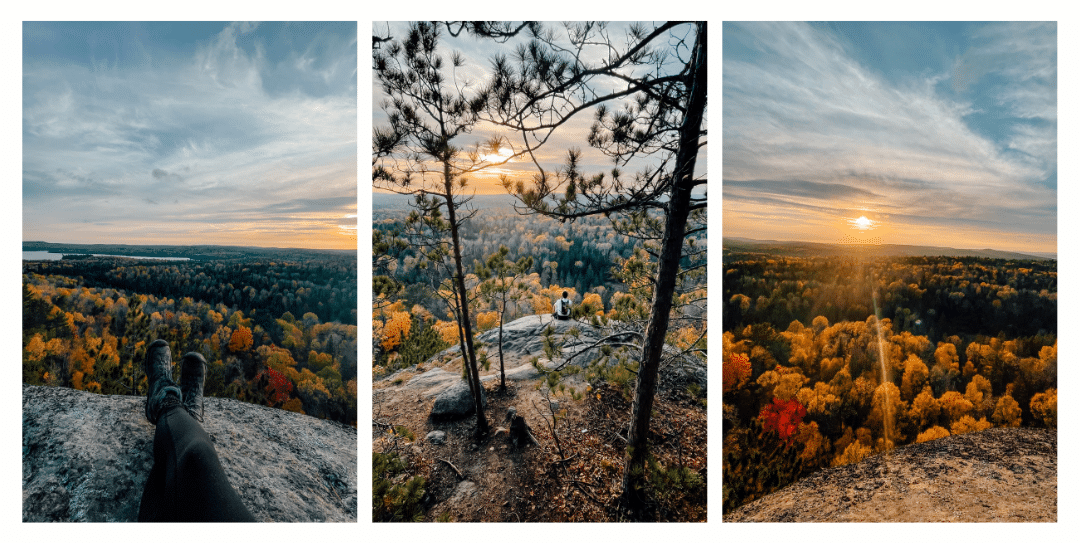 3 photos depicting the magnificent view from the Centennial Ridge Trail in Algonquin Park overlooking orange trees during sunset