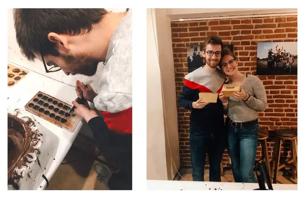 Left: a man is piping chocolate into moulds in a Belgian chocolates cooking class 

Right: a couple stand holding a box of chocolates they made in a cooking class in Brussels 