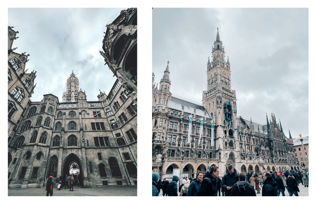 The tall, ornate buildings found in the Marienplatz in Munich! Including the iconic Glokenspiel!