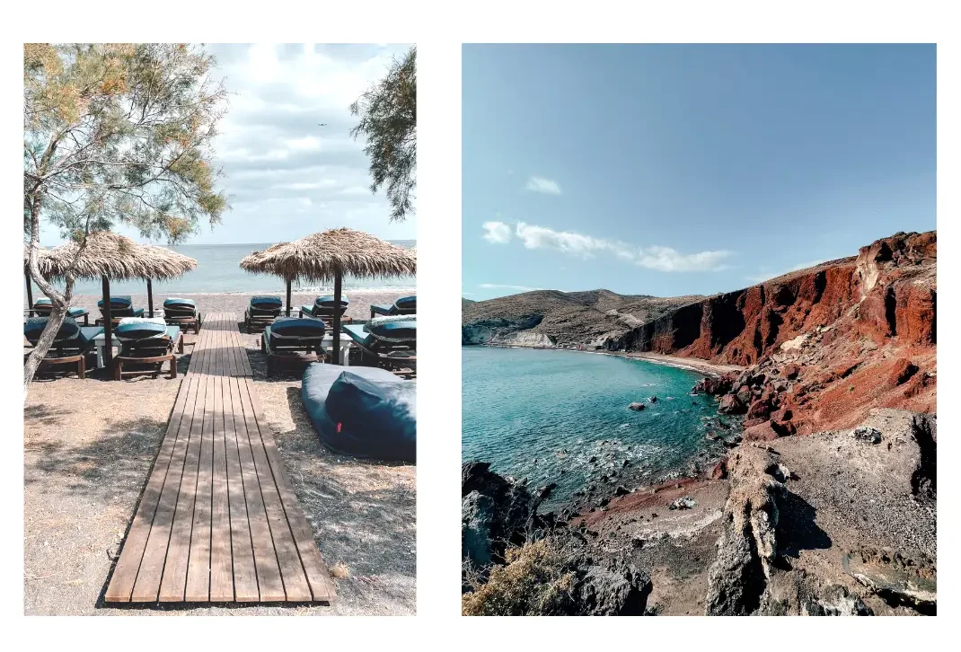 Two beautiful beaches in Santorini - one with black sand and comfy lounge chairs and one with red sand and turquoise waters!