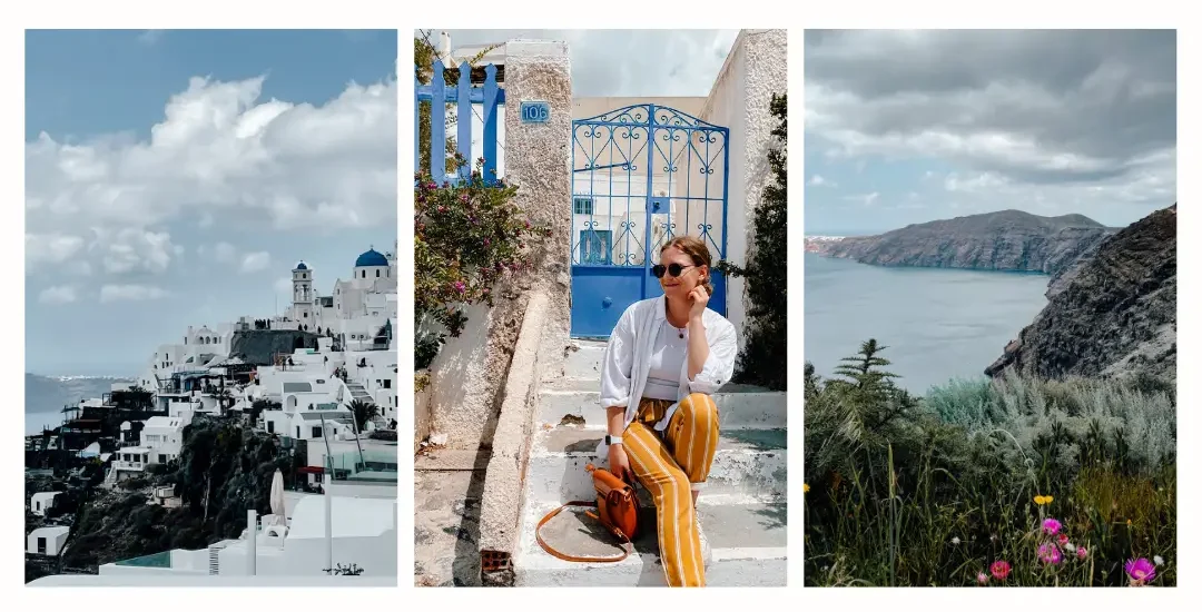 The rugged coastline in Santorini including the white buildings built into the cliff side, a girl sitting on a stair way and the winding coastline on a cloudy day.
