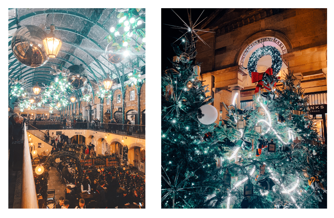 A massive Christmas tree and oversized festive decorations, including giant mistletoe chandeliers and baubles, in Covent Garden