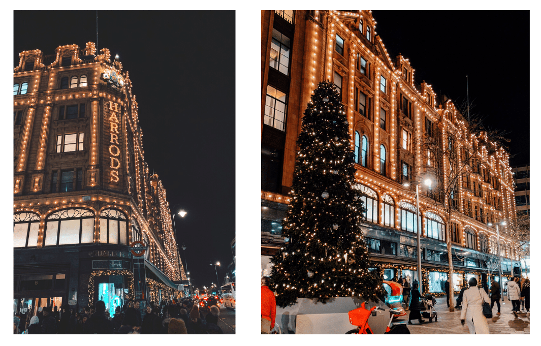 The warm Christmas lights illuminating the Harrods storefront in London, complete with festive decorations and trees