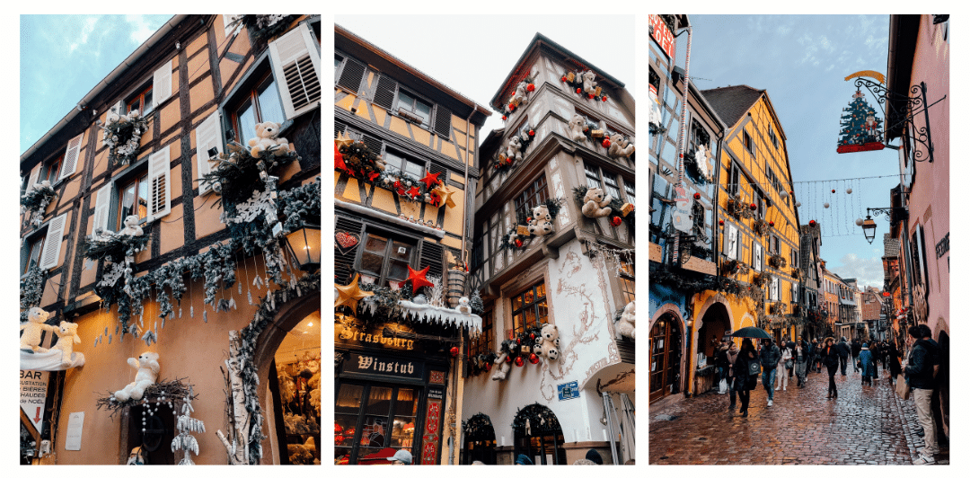 A few photos showcasing the many different decorations found in the villages in Alsace including bears, garlands, hanging lights, icicles and more.
