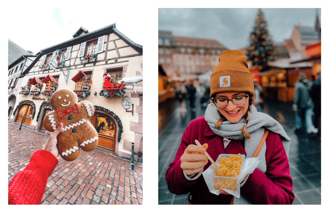 Someone holding a ginger bread man in a village in Alsace in front of the camera. And a girl eating traditional Alsatian food at a Christmas market in Strasbourg.