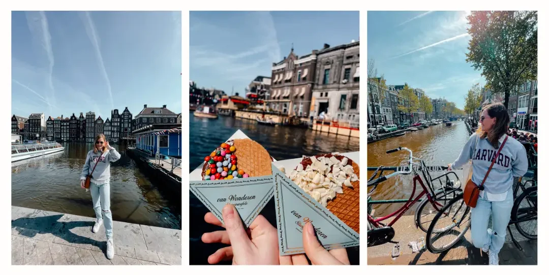 Photos of a girl exploring Amsterdam including one of her standing in front of the pier with tall thin buildings behind her, one of 2 people holding stroopwaffles with the canals behind them, and lastly a girl standing in front of a bike with elan Amsterdam canal behind her