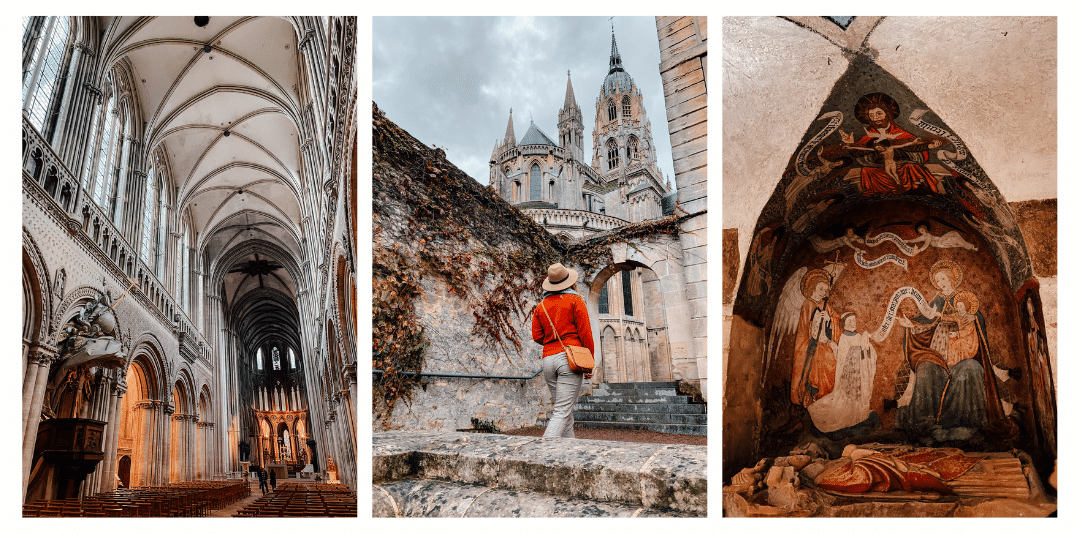 The outside and inside of the Bayeux Cathedral, including the tall vaulted ceilings and tall towers