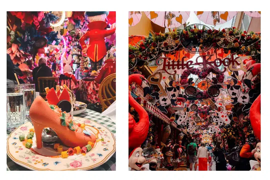 2 photos showing the level of detail found in Little Kook. One photo displays the creative dessert with decorations filling the background. The other photo shows the decorated entryway to the cafe following the theme of Alice in Wonderland.