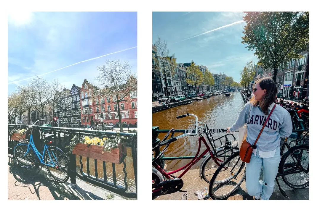 2 photos of bikes lining the Amsterdam canals on a sunny day in spring