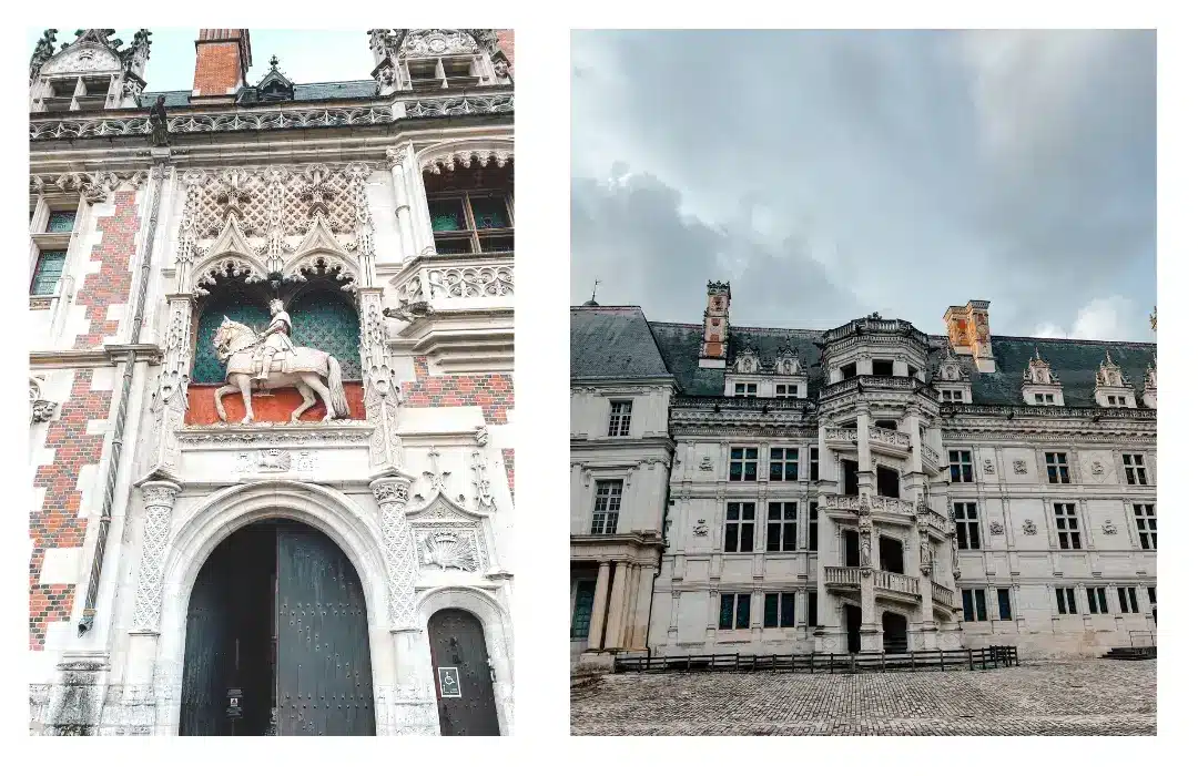 A collage of photos of the exterior of the Chateau de Blois, including the striking statue of the king on a horse.