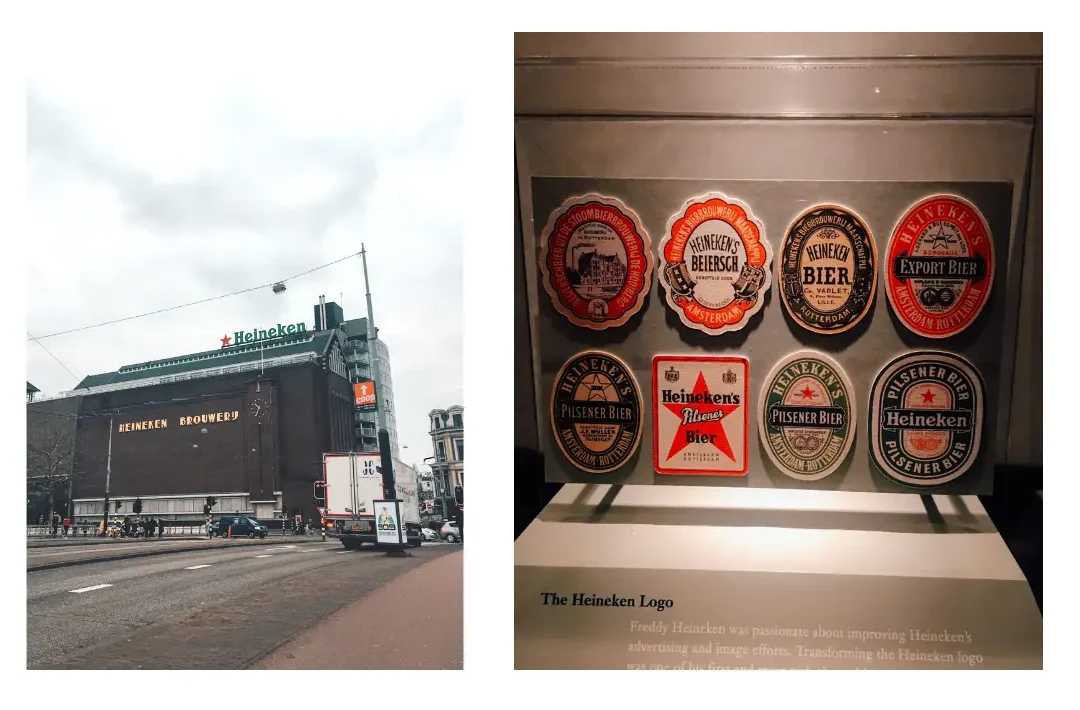 A view of the Heineken experience building from the outside and from the inside. The inside photo is showing the evolution of the Heineken logo over the years