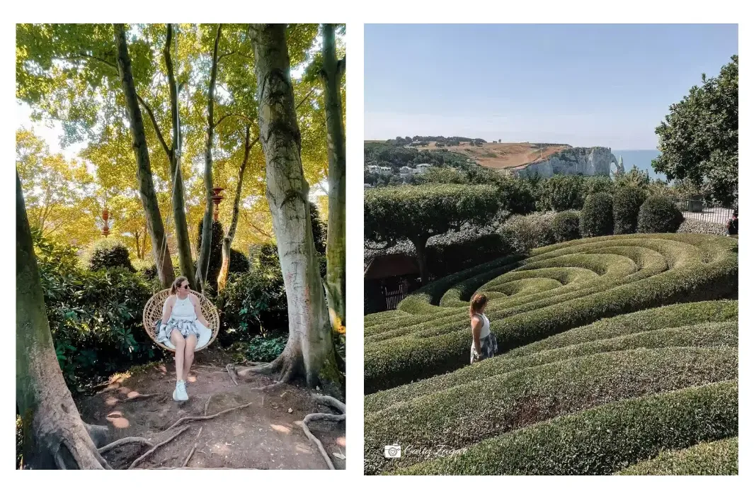 A girl is exploring the different features of the gardens in Etretat including the swing and the manicured hedges overlooking the cliffs 