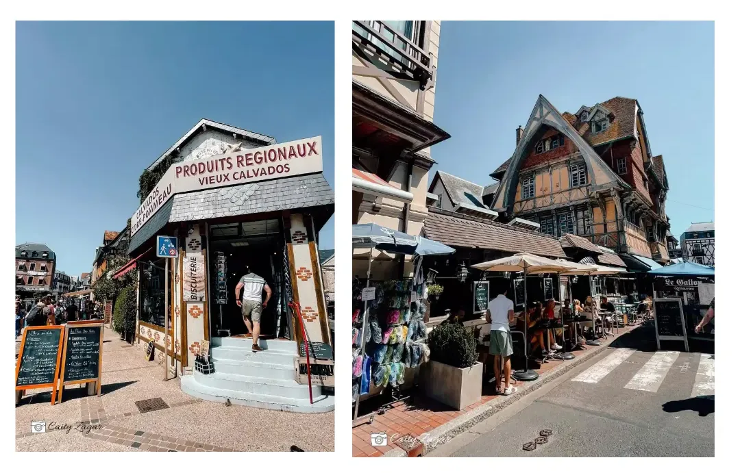 Some of the cute buildings and shops in the town of Etretat specifically the Salamander house and the regional products shop