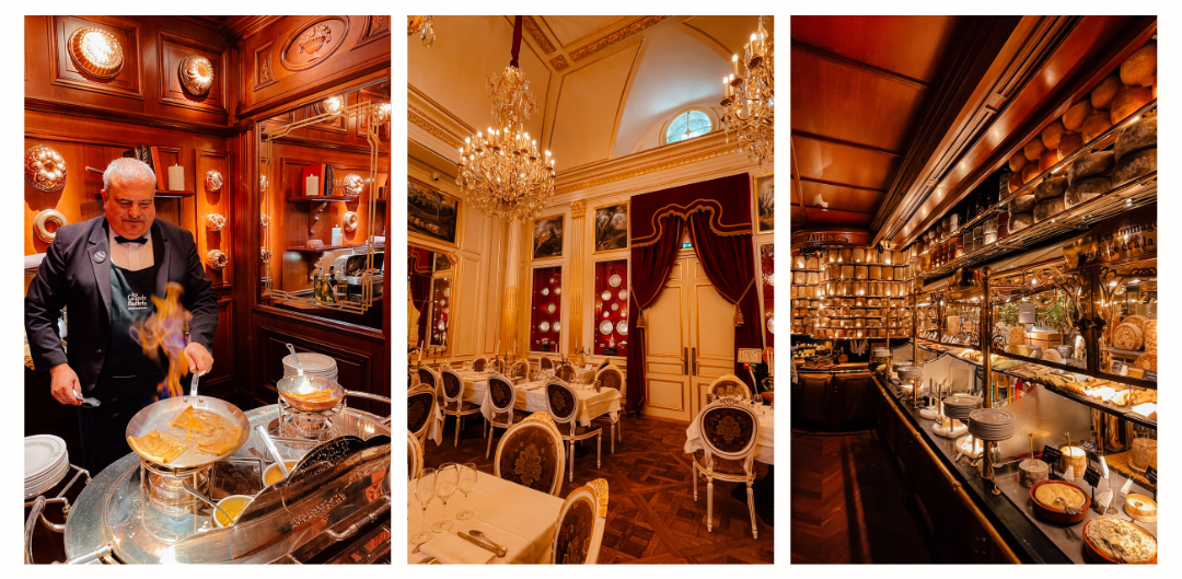 (left) a cook in the process of cooking a crepe (centre) a luxurious dining room equipped with chandeliers and red velvet decorations (right) rows and rows of cheese from the largest collection of cheese in a restaurant in the world 