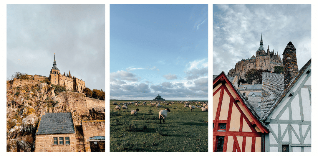 3 different views of the iconic Mont St. Michel - one from the rocky cliff face below looking up at the abbey, another looking up at the abbey with medieval houses in the foreground and a third photo admiring the island from a distance with a green pasture of sheep in the foreground