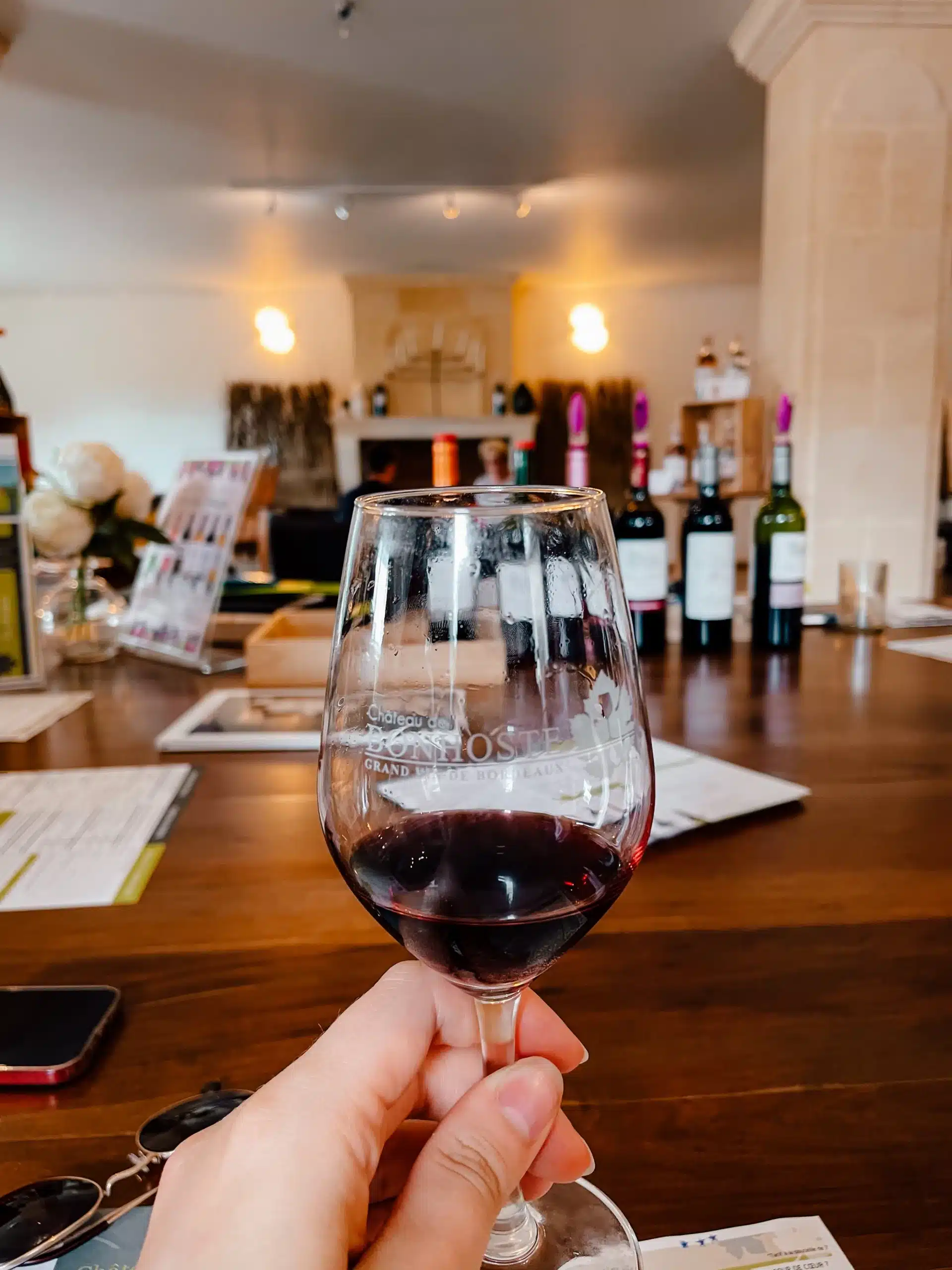 Someone holding a glass of red wine in front of the camera during a wine tasting tour outside of Bordeaux 