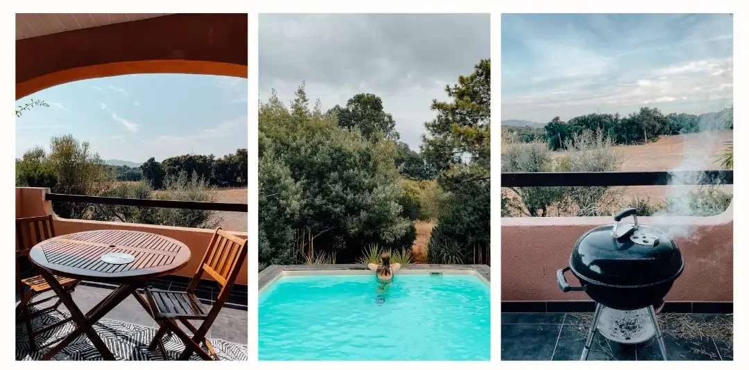 left: a wooden table sits empty on a covered porch with a beautiful view of the Corsican countryside in the background middle: a girl is in a swimming pool with her back to the camera overlooking the lush garden right: a barbecue sits with smoke coming out of the top and the magnificent Corsican countryside in the background 