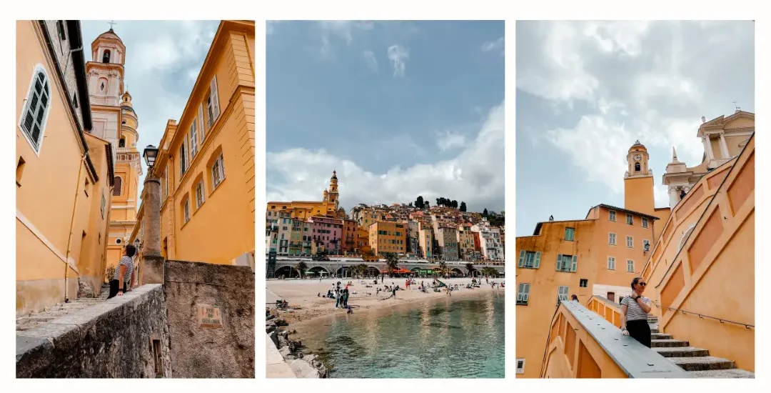 A girl walking through the bright yellow streets of Menton - my favorite day trip to take from Nice