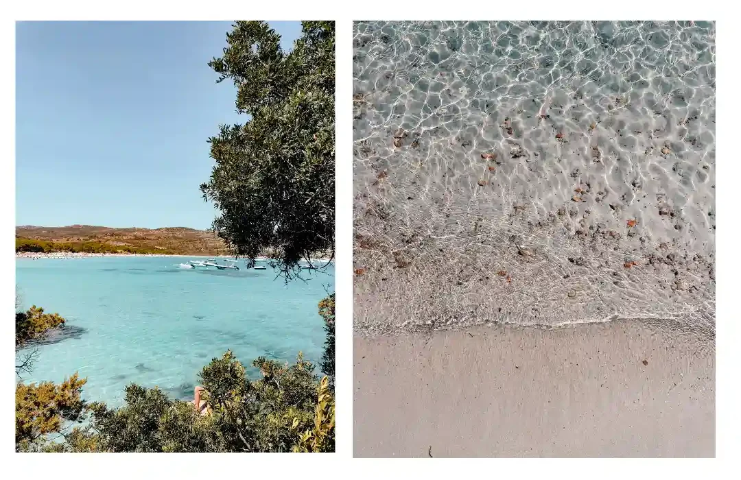 left: overlooking the Rondianara bay in Corsica with its turqouise waters right: white sand beach with crystal clear water 