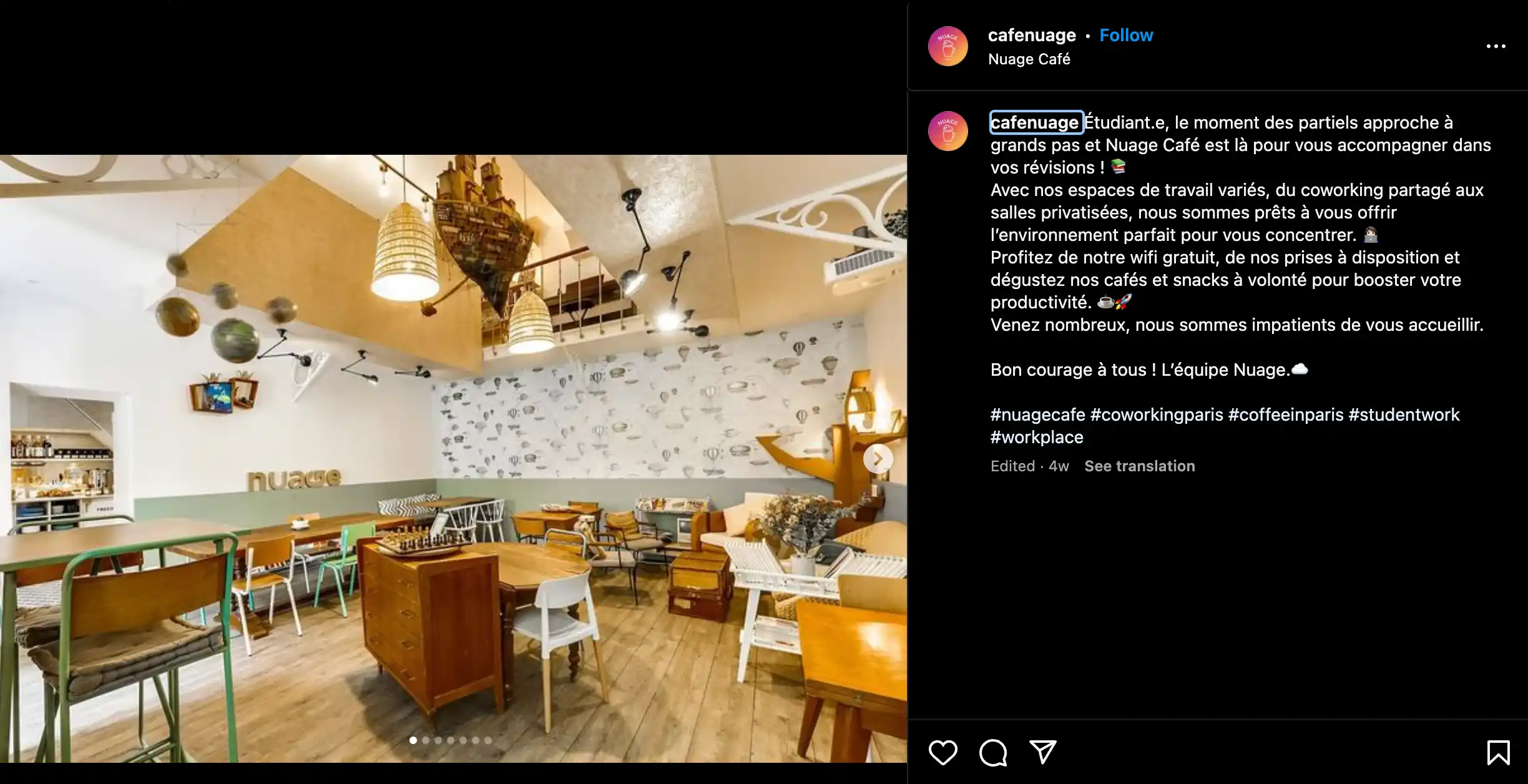 One of the many quirky, cute and aesthetic coworking spaces in Paris in Nuage cafe. 