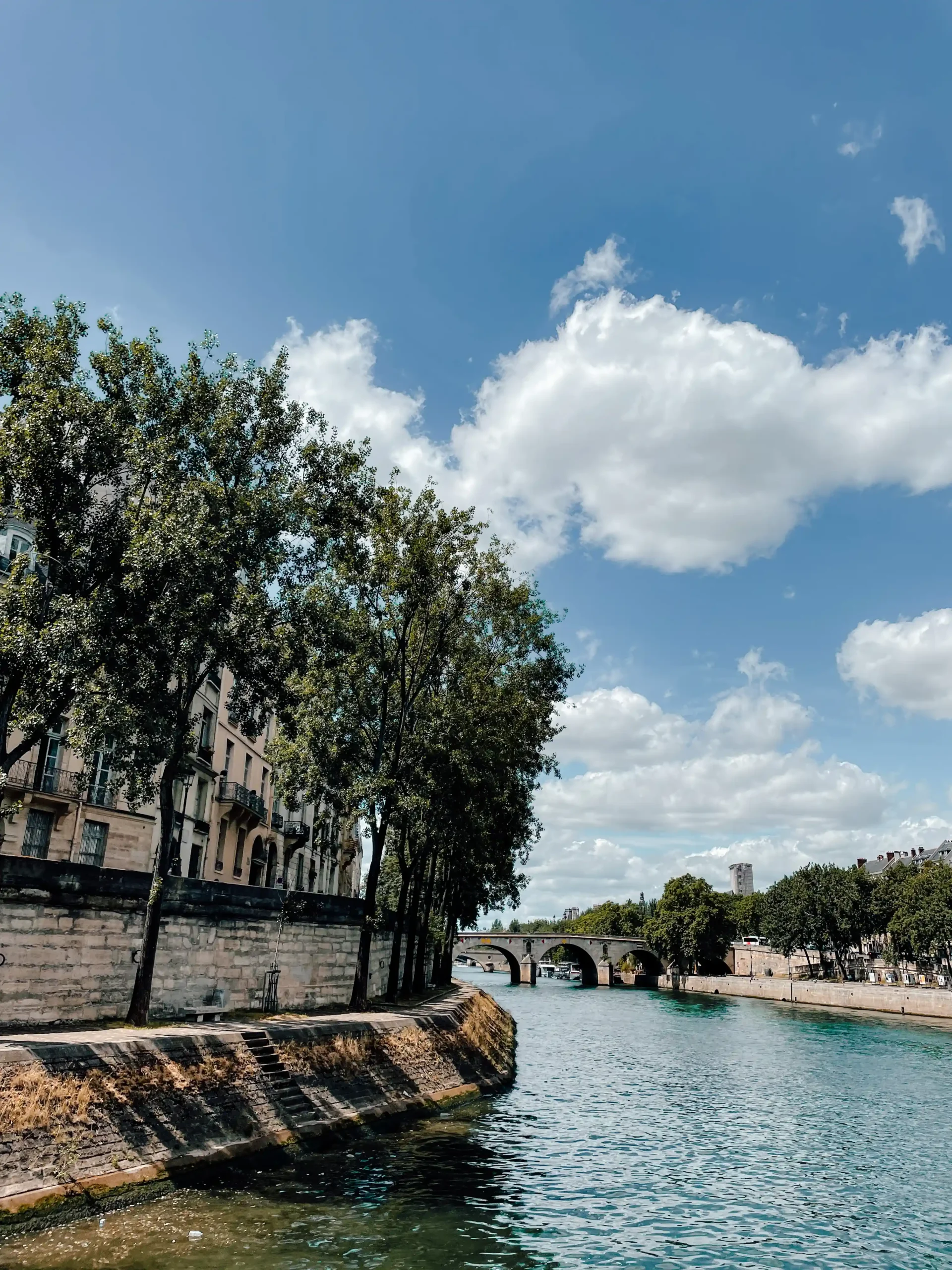 Views from the Seine River with a bridge in the background. This is the same route that is offered during the Paris Seine dinner cruise