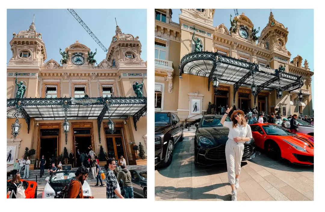 A girl stands in front of the famous Monte Carlo Casino with several luxury cars behind her