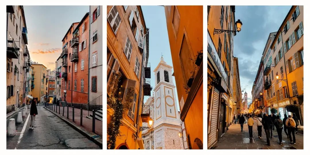 Collection of photos of the narrow colourful streets inside the Old Town of Nice