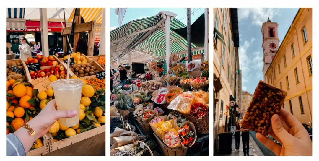 Photos from the market in Nice displaying bouquets of flowers and stands filled with fruits and vegetables