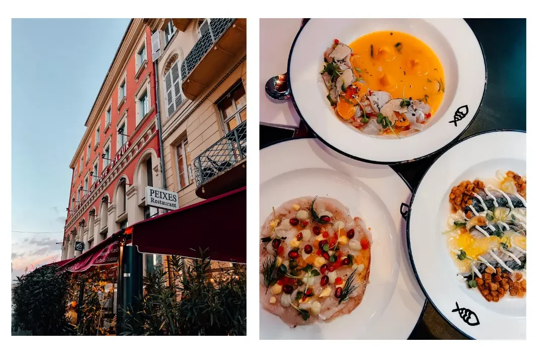 3 colourful plates of food from a seafood restaurant in Nice