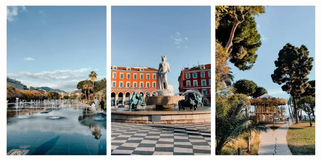 Collage of photos of the place Massena in Nice including the reflecting pool, the fountain and the carousel