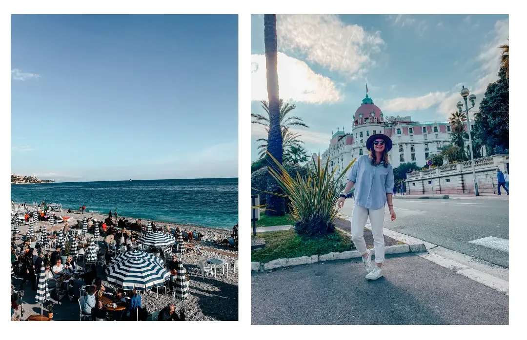 A girl walking along the main promenade in Nice with white and blue umbrellas sitting along the coast