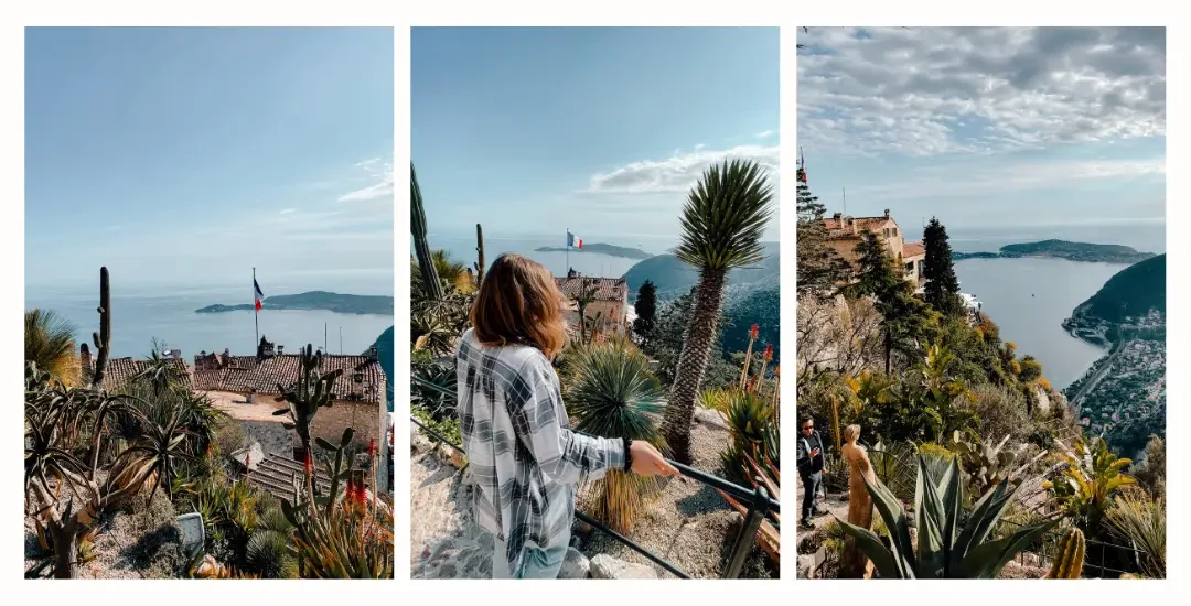 A girl admiring the view overlooking the French Riviera from the Jardin Exotique in Eze on top of a hill