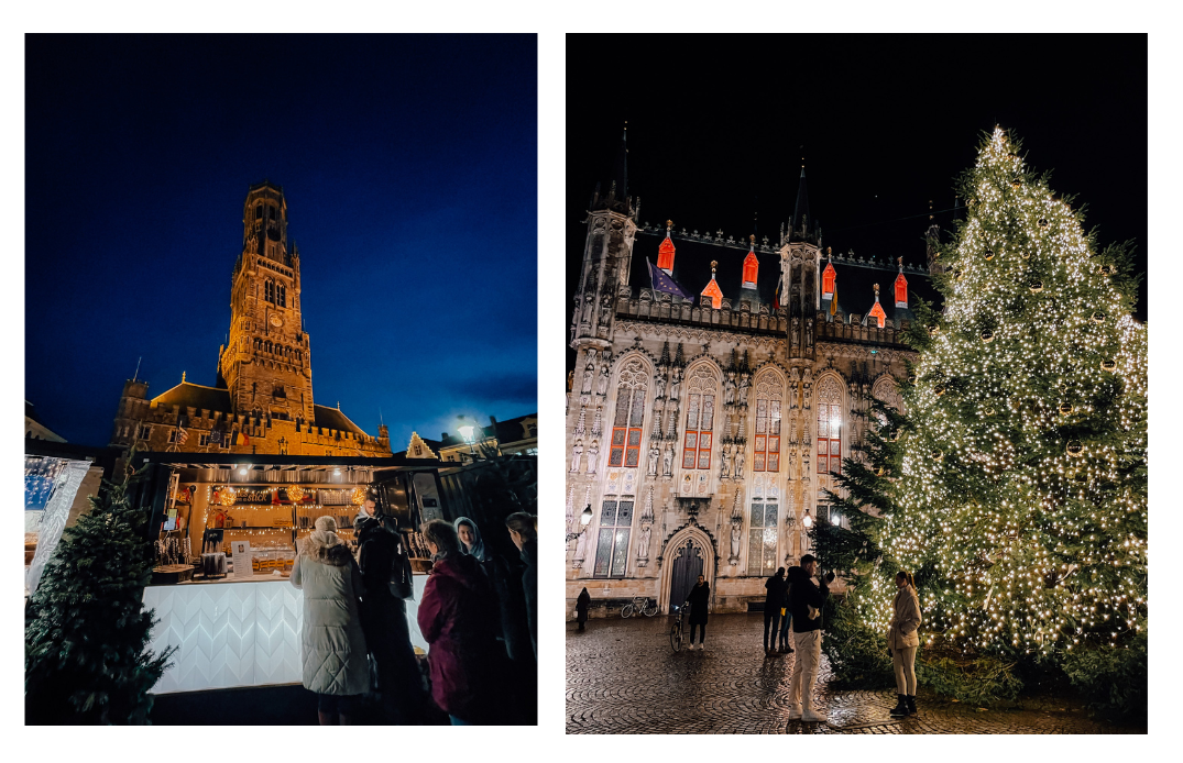 Two of the main squares decorated for the Christmas Market in Bruges 