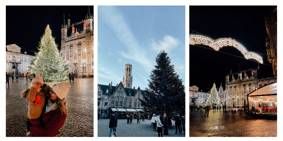 Photos of the Burg Square in Bruges with the large Christmas tree in the center - one during the day, one at night and one with a lady holding a little girl in her arms in front of the tree. 
