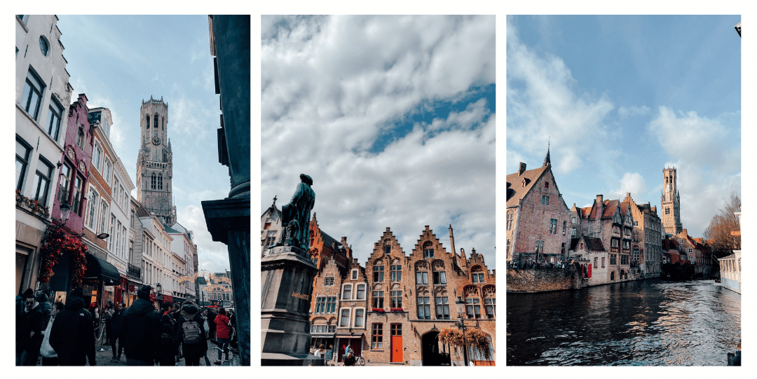 Several photos of Bruges Old Town on a sunny day showing the canals, winding streets and intricate buildings