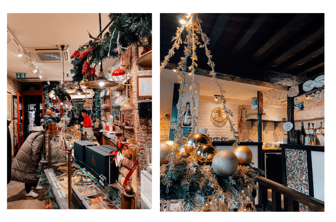 Two different shops and bars in Bruges Old Town decorated for the Christmas Market in Bruges