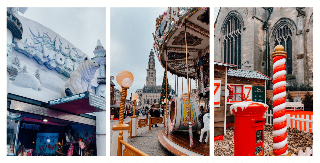 Several photos of different activities in the Arras Christmas Market including festive displays, a carousel and "ice World" 