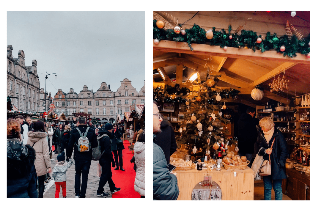 left: a crowd of people walking through the different market stands during the holidays in Arras right: a few people browsing the local products in a festively decorated market stand in Arras 