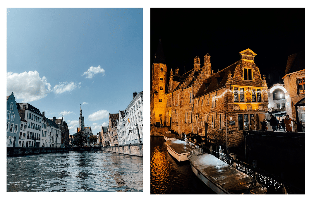 Two views of the Bruges canal, one from above, looking down at the boat tours and another from the water, while the viewer is on a boat tour in Bruges 