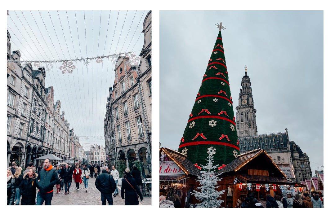 The main historic centre and main squares in Arras are decorated with lights and festive decorations for the Christmas market 