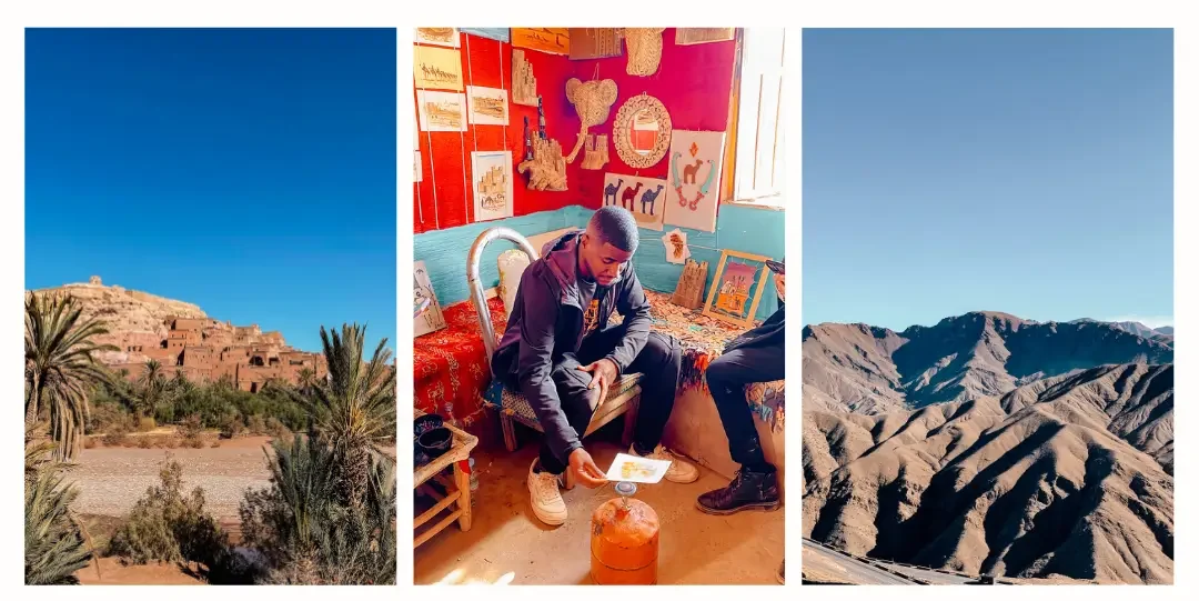 Various scenes from the first day of the 3-day tour from Marrakech to Merzouga including Ait Benhaddou with palm trees in the foreground, a man holding paper over a flame as a traditional way to create artwork and the hills of the High Atlas Mountains